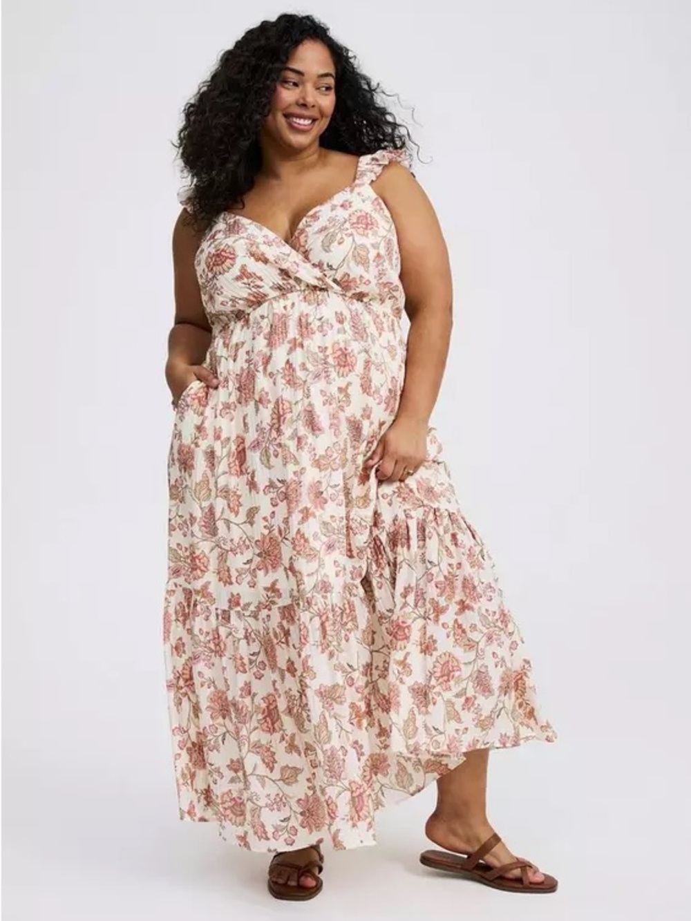Torrid Floral Cream Ruffle Surplice Maxi Dress with Rose-Tone Print